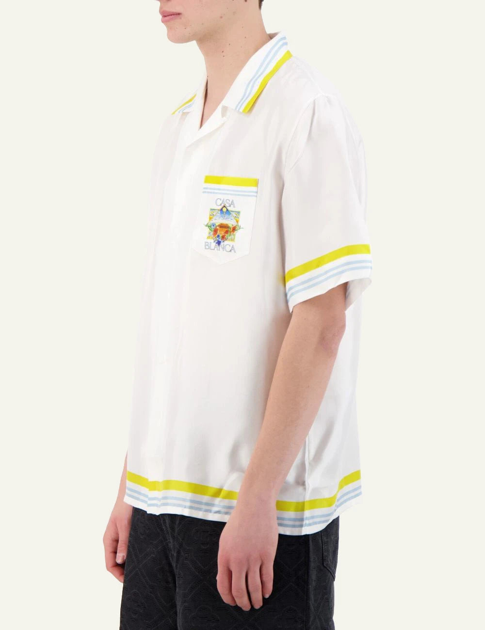 Casablanca Shirt White Yellow Blue Trim Pocket Logo Side Model View