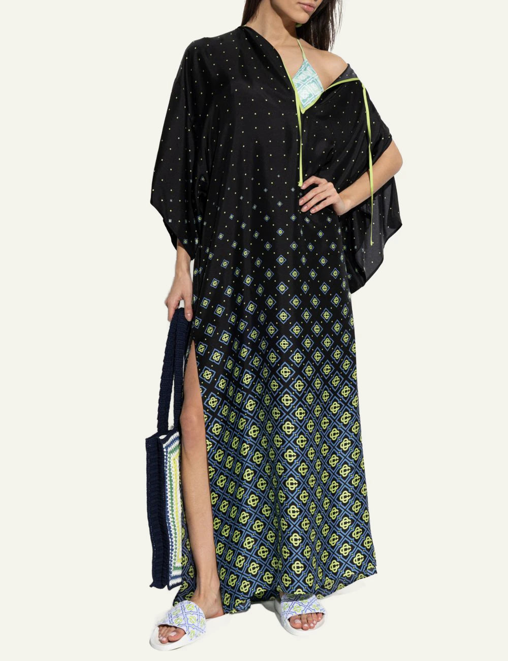 casablanca silk maxi dress black monogram pattern kimono sleeves side view