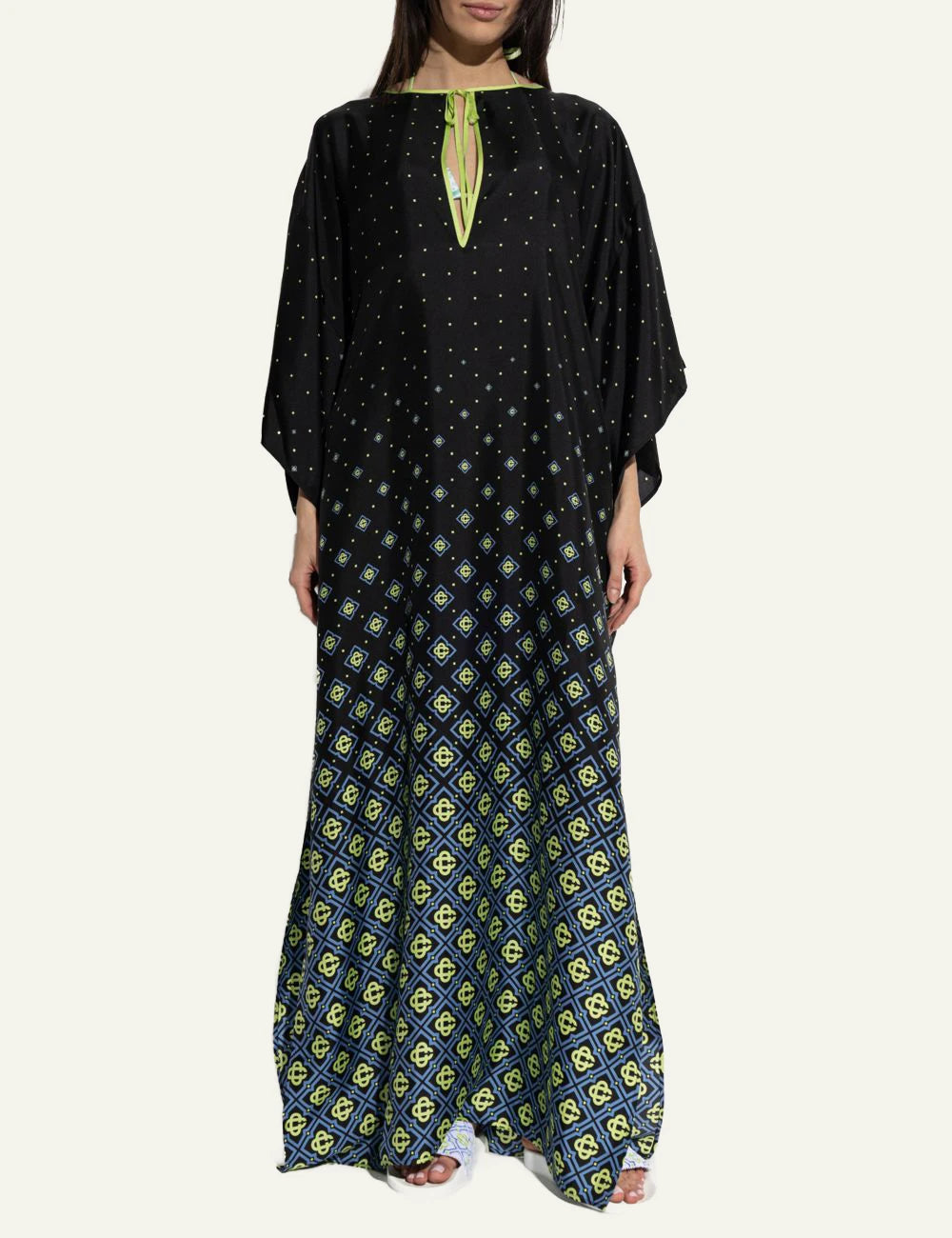 casablanca silk maxi dress black monogram pattern kimono sleeves front full body view