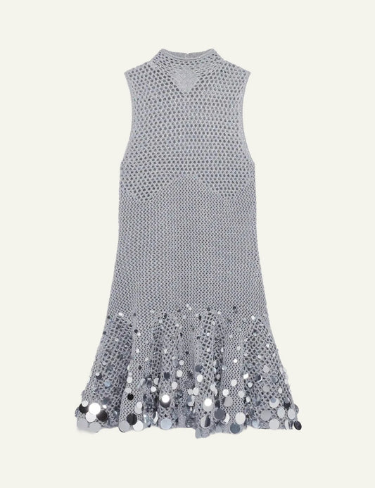 casablanca silver mirror crochet mini dress sleeveless knit detail flat