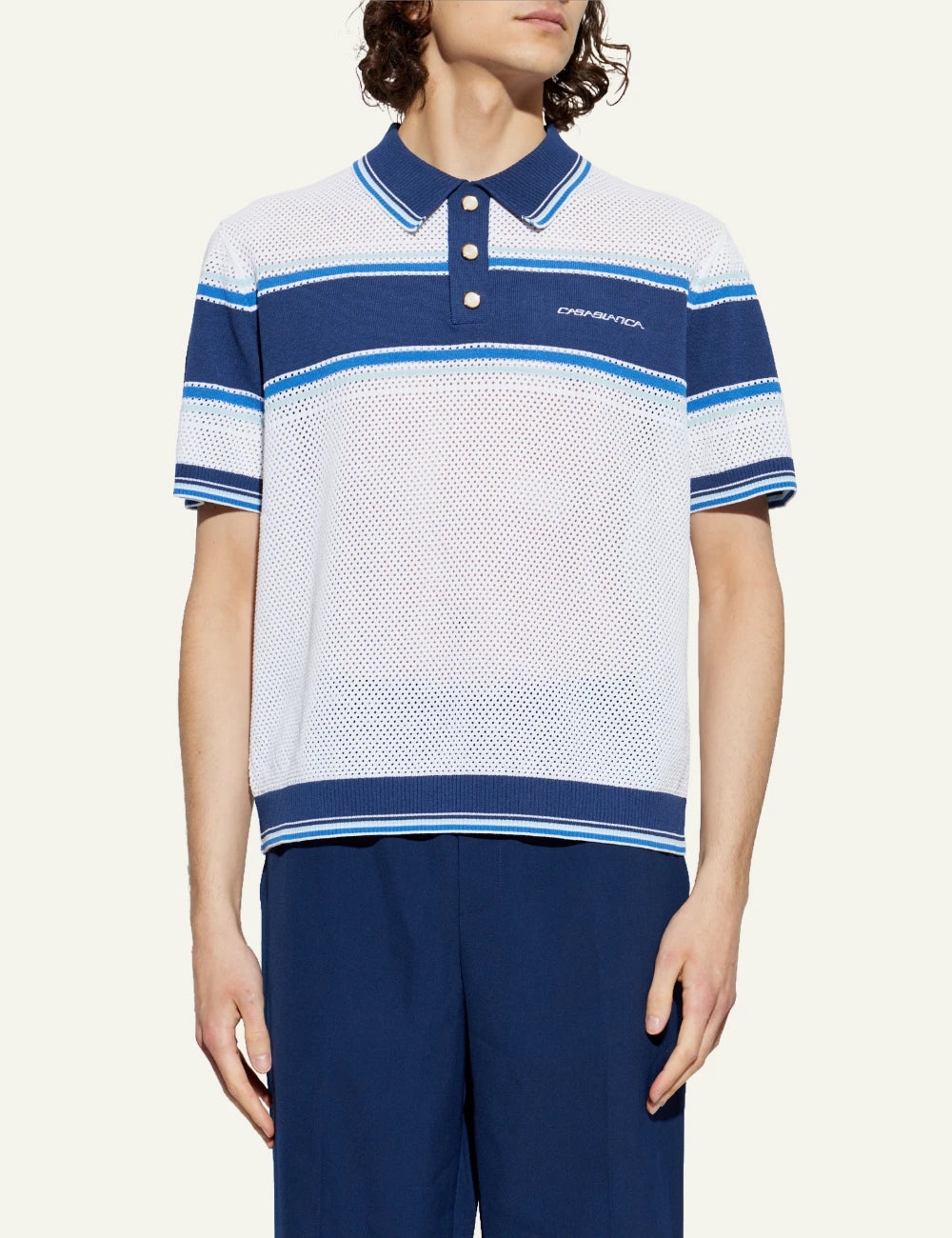 Casablanca Striped Mesh Polo White Blue Front Model View