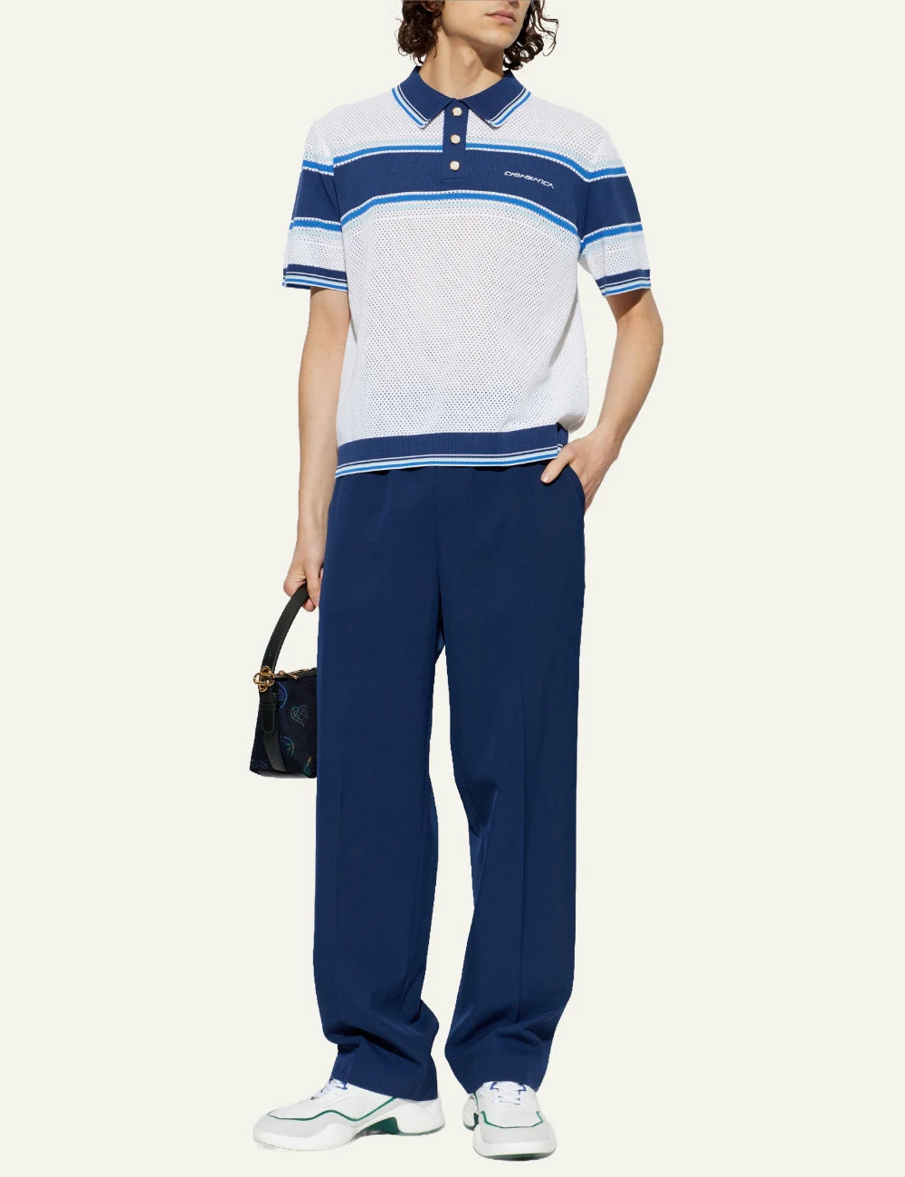 Casablanca Striped Mesh Polo White Blue Full Body View
