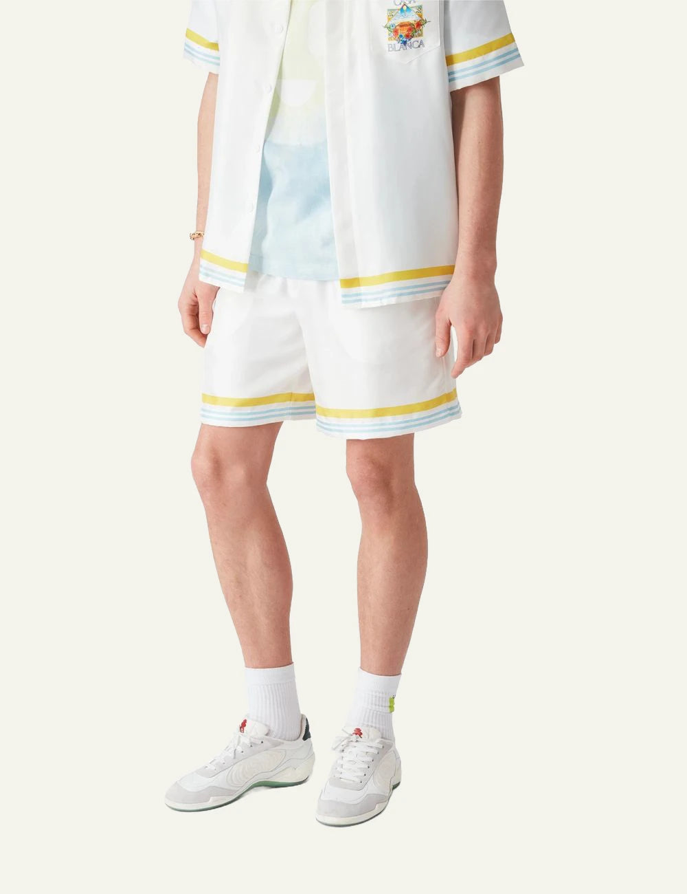 casablanca tennis landscape silk shorts white stripe hem model