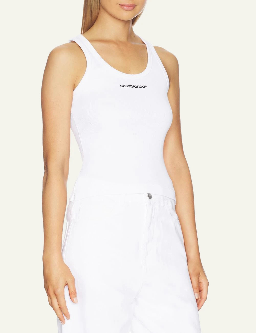 Casablanca White Logo Tank Top Styled Look Front Model View