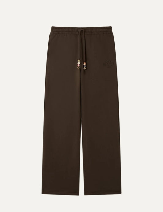 Casablanca women's brown wide-leg sweatpants with elastic drawstring waistband, decorative beads and tonal Casablanca Paris logo.