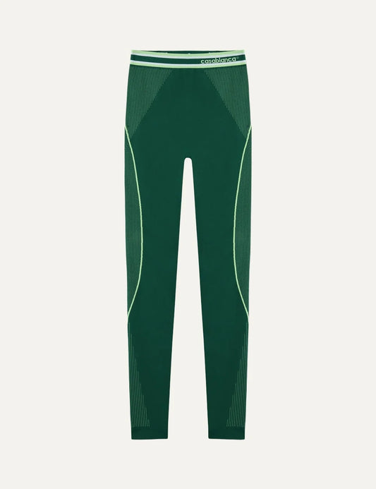 Casablanca women's green seamless leggings with high-rise logo waistband, light green contrast lines and textured side panels.