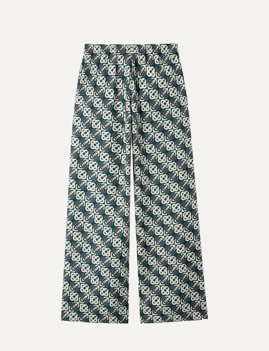 Casablanca women's green and navy silk pyjama trousers with all-over CC check monogram print, straight wide legs and elastic waistband.