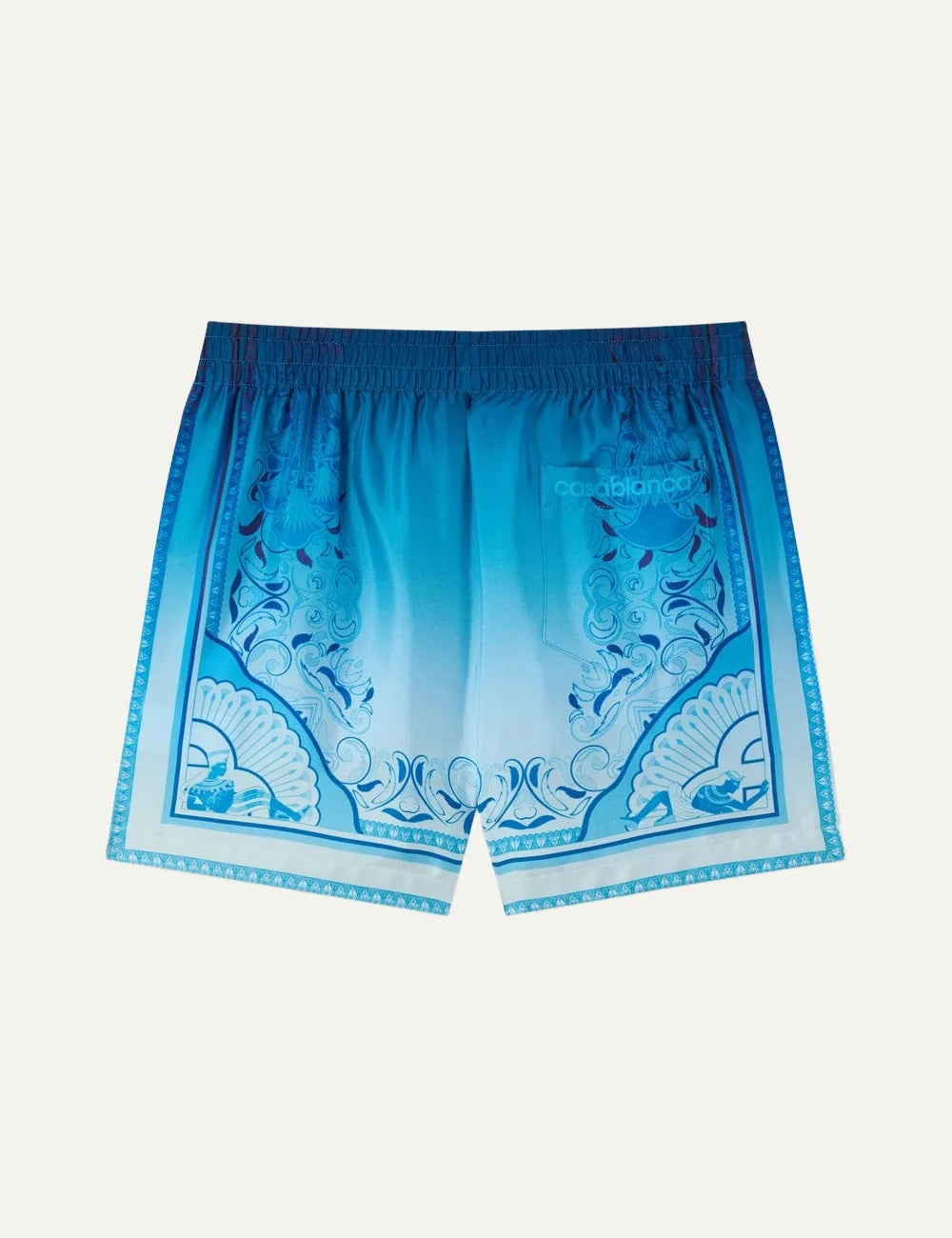Casablanca men's blue gradient silk shorts with Egyptian Rug print, ornate border detailing and elastic waistband.