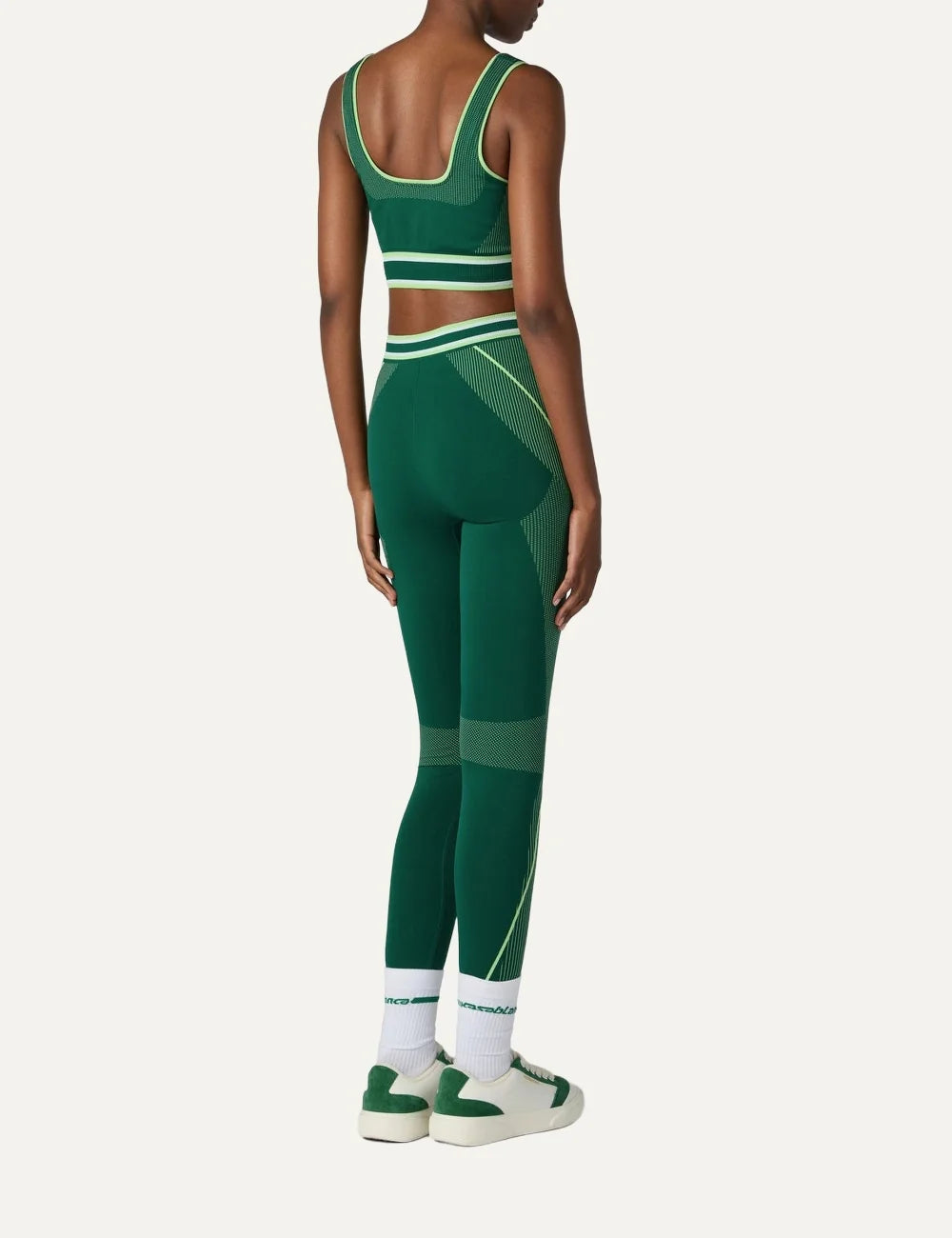 Casablanca women's green seamless sports bralette with square neckline, wide straps, front logo and striped elastic underband back