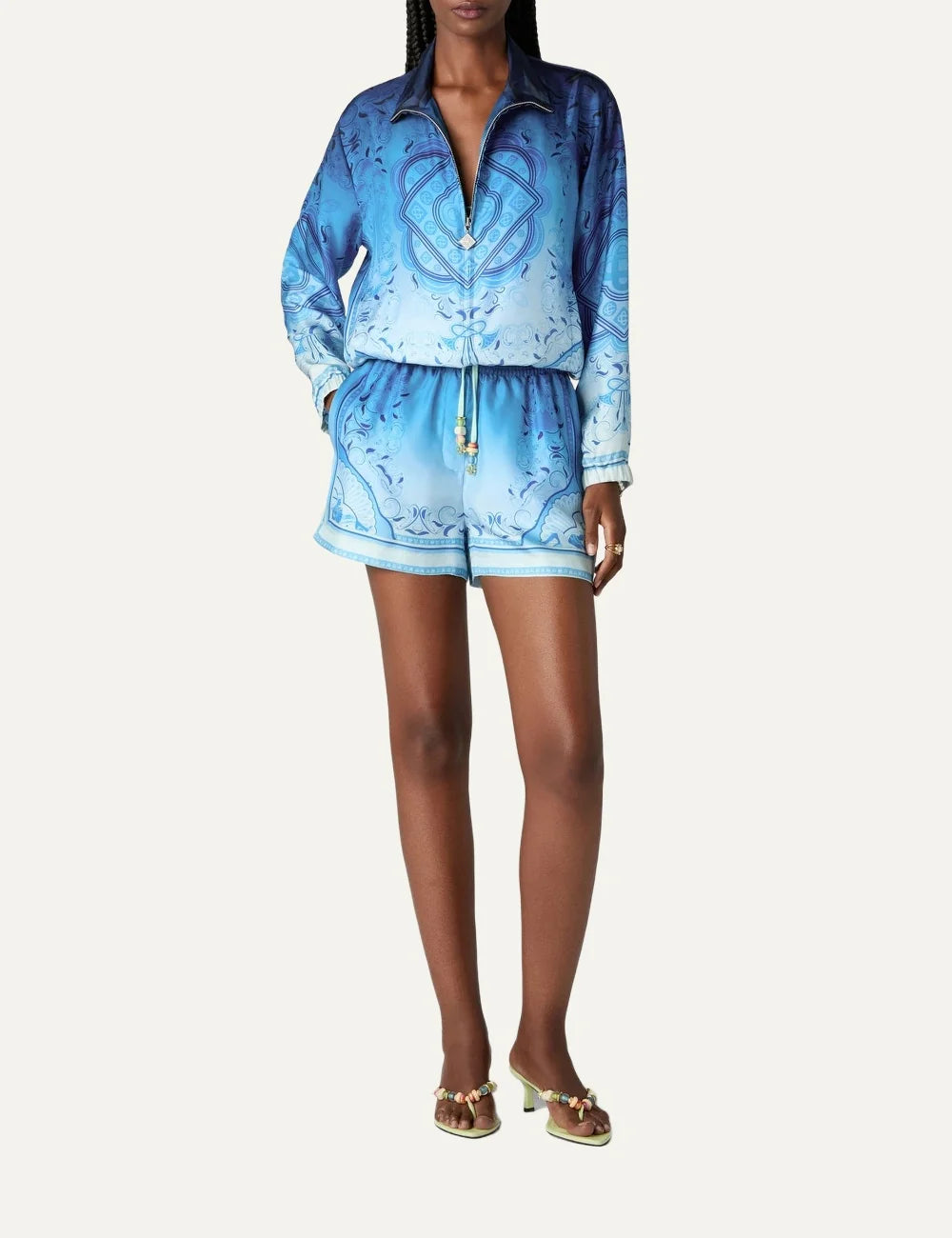 Casablanca men's blue gradient silk shorts with Egyptian Rug print, ornate border detailing and elastic waistband full body
