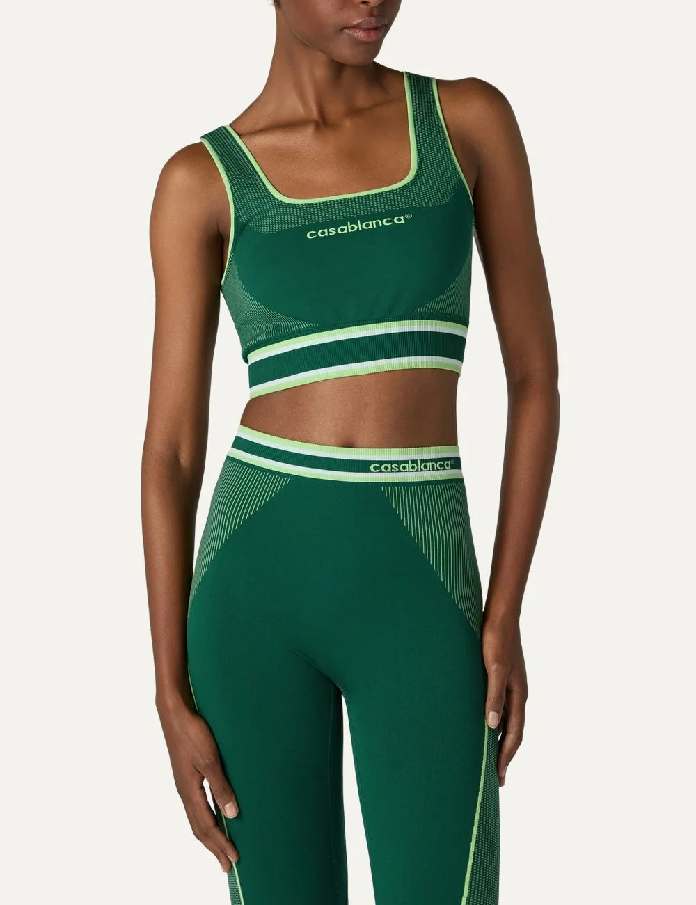 Casablanca women's green seamless sports bralette with square neckline, wide straps, front logo and striped elastic underband model