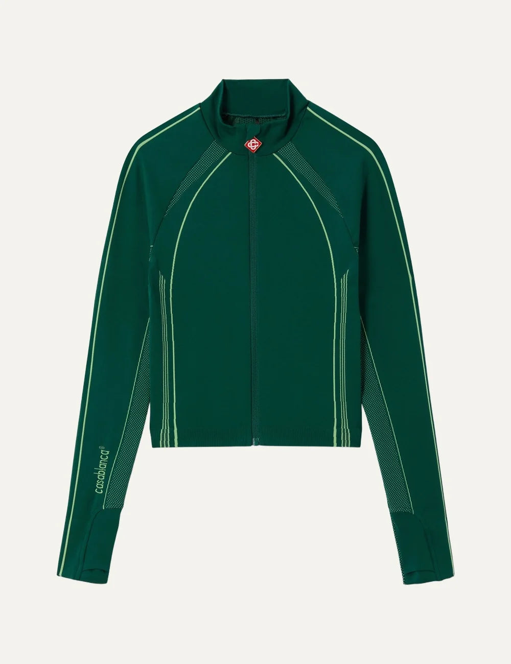 Casablanca women's green seamless zip-up jacket with high collar, light green contrast piping, fitted silhouette and thumbhole sleeves.