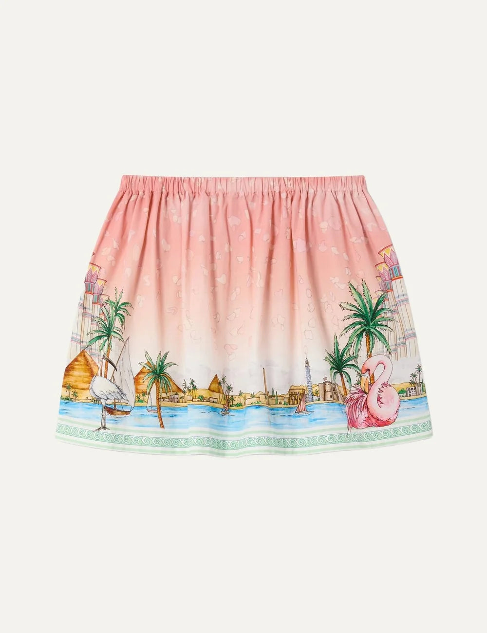 Casablanca women's pink cotton mini skirt with Ethereal multicolor scenic print, palm trees, flamingos, architectural motifs and elastic waistband.