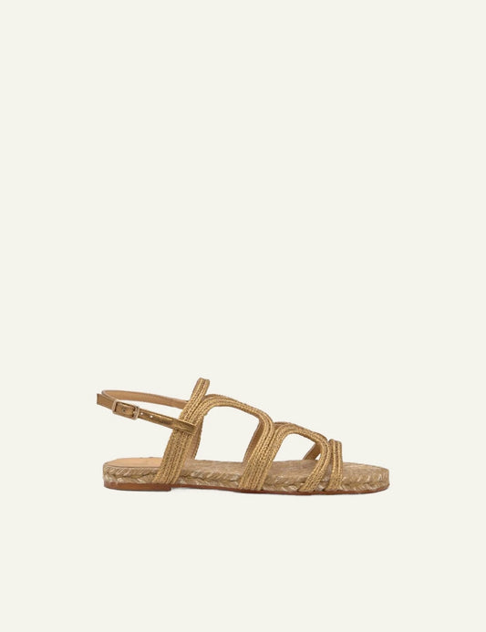 Castaner gold woven flat sandals ankle strap side view