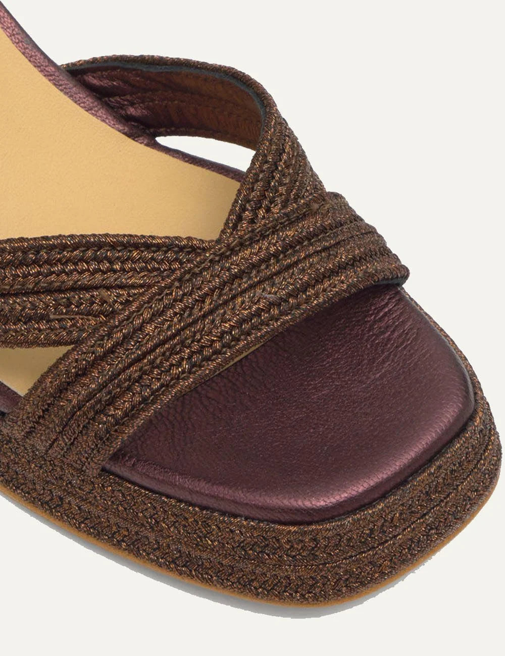 Castaner platform heeled sandals dark brown woven side detail view