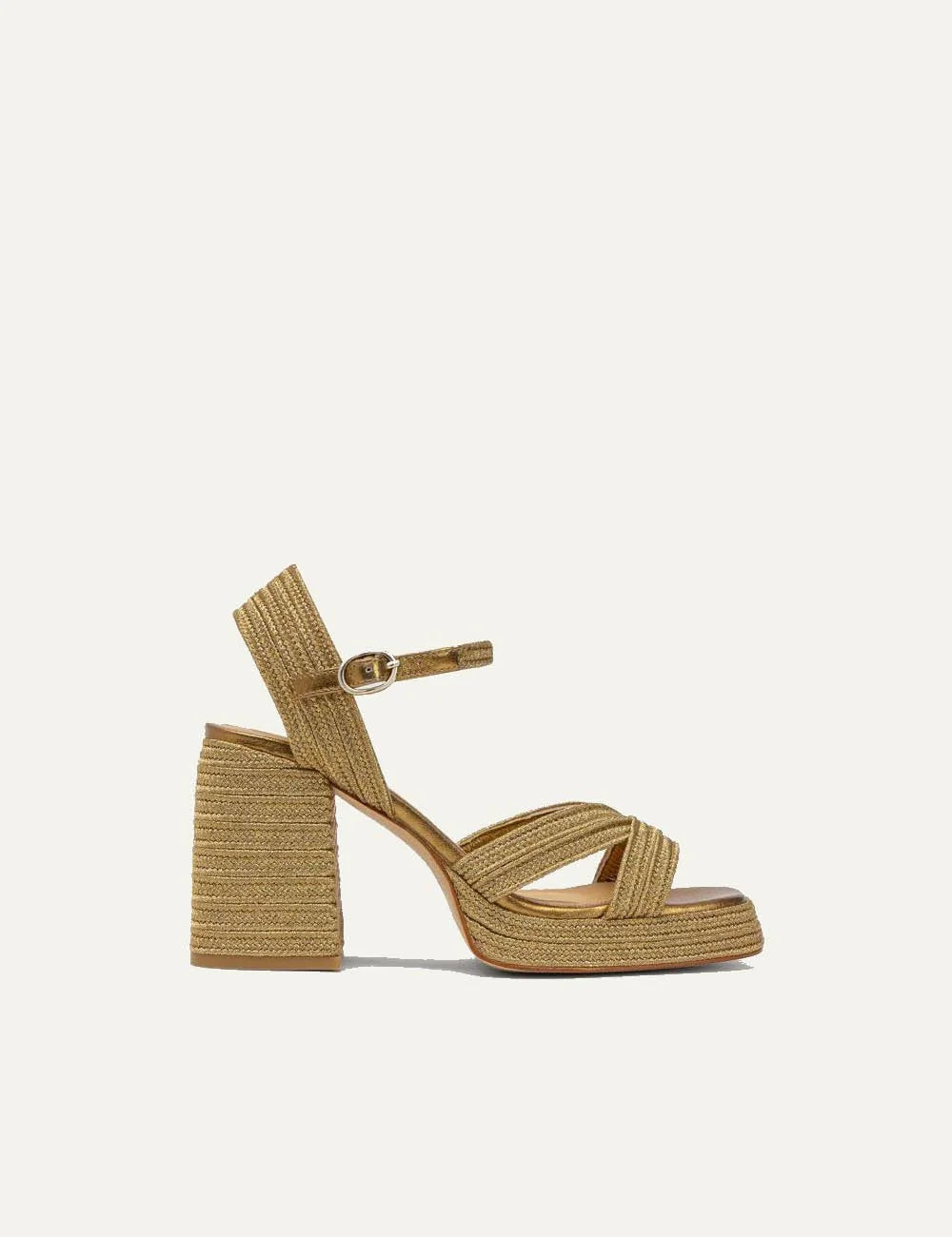 Castaner platform heeled sandals gold woven side view