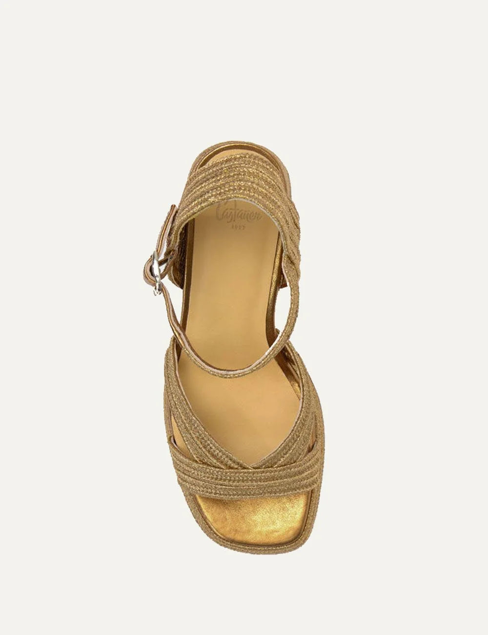 Castaner platform heeled sandals gold woven top view