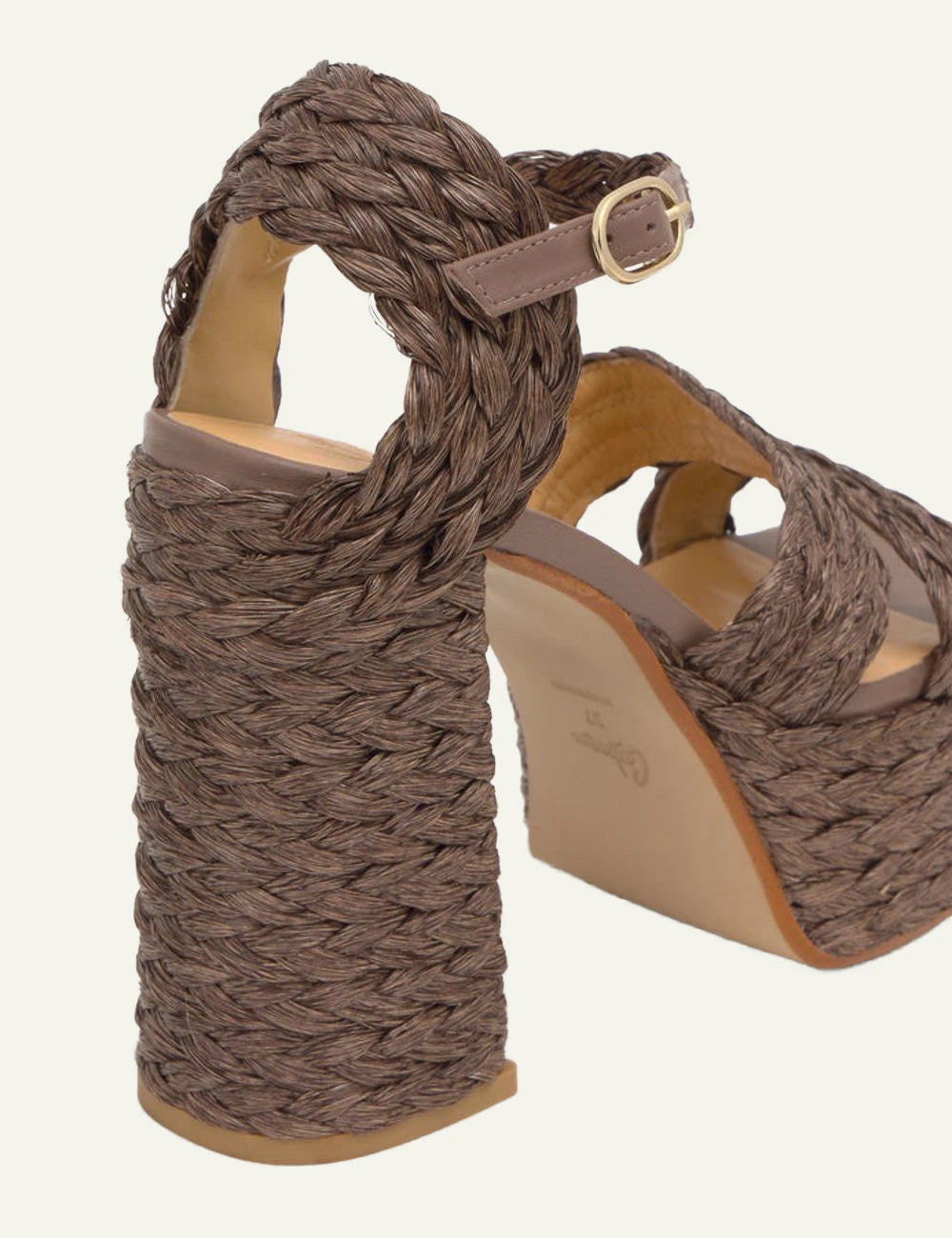 Castaner taupe raffia platform sandals block heel back view