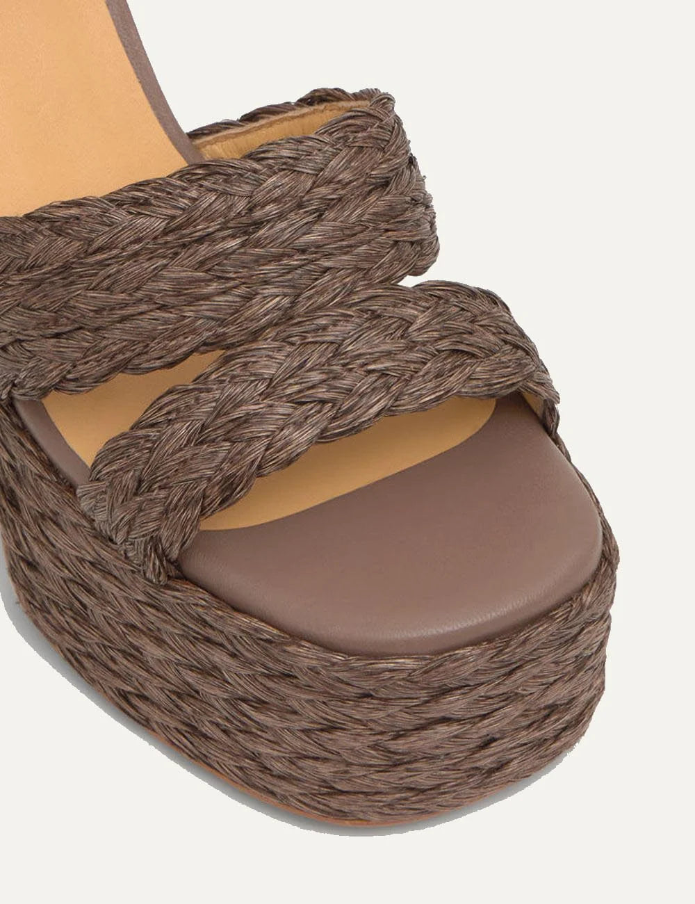 Castaner taupe raffia platform sandals block heel angled detail view