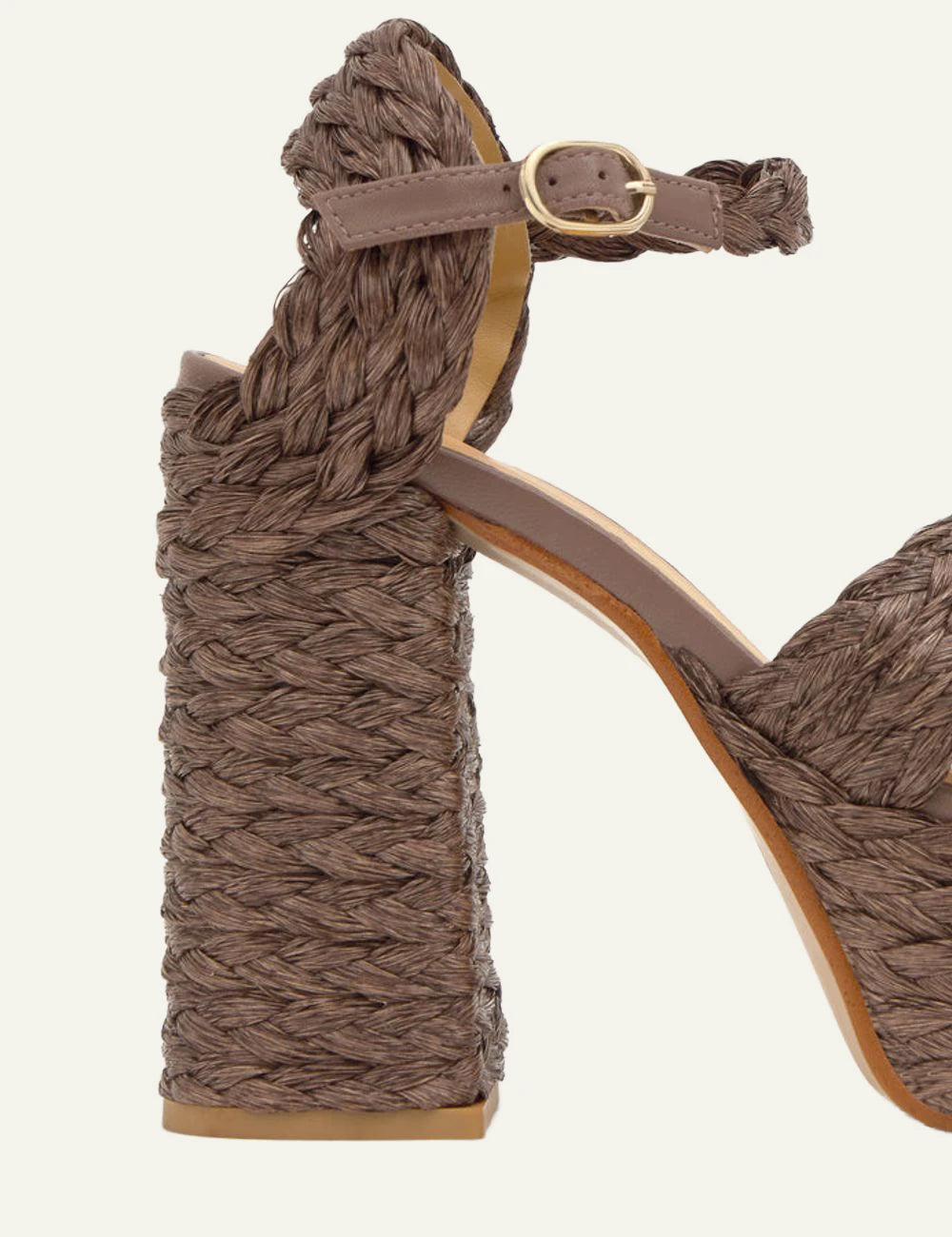 Castaner taupe raffia platform sandals block heel side detail view
