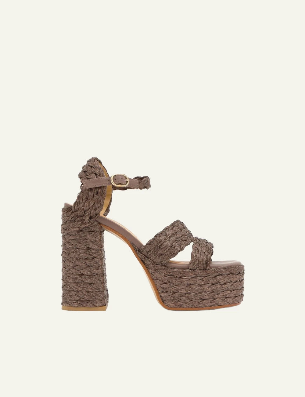 Castaner taupe raffia platform sandals block heel side view
