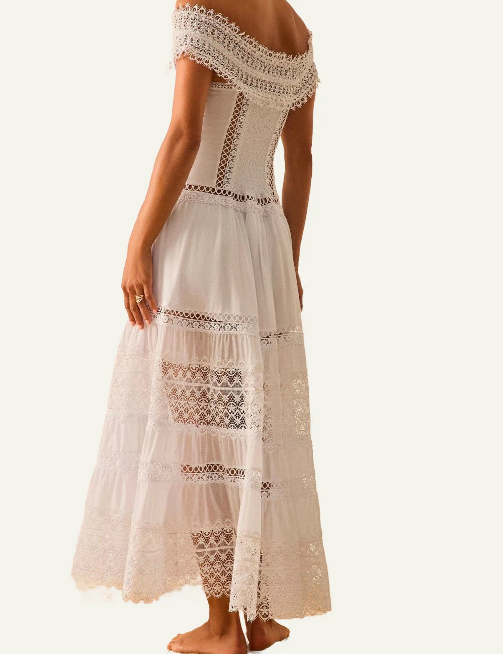 Charo Ruiz Amaira dress off shoulder lace white maxi boho back