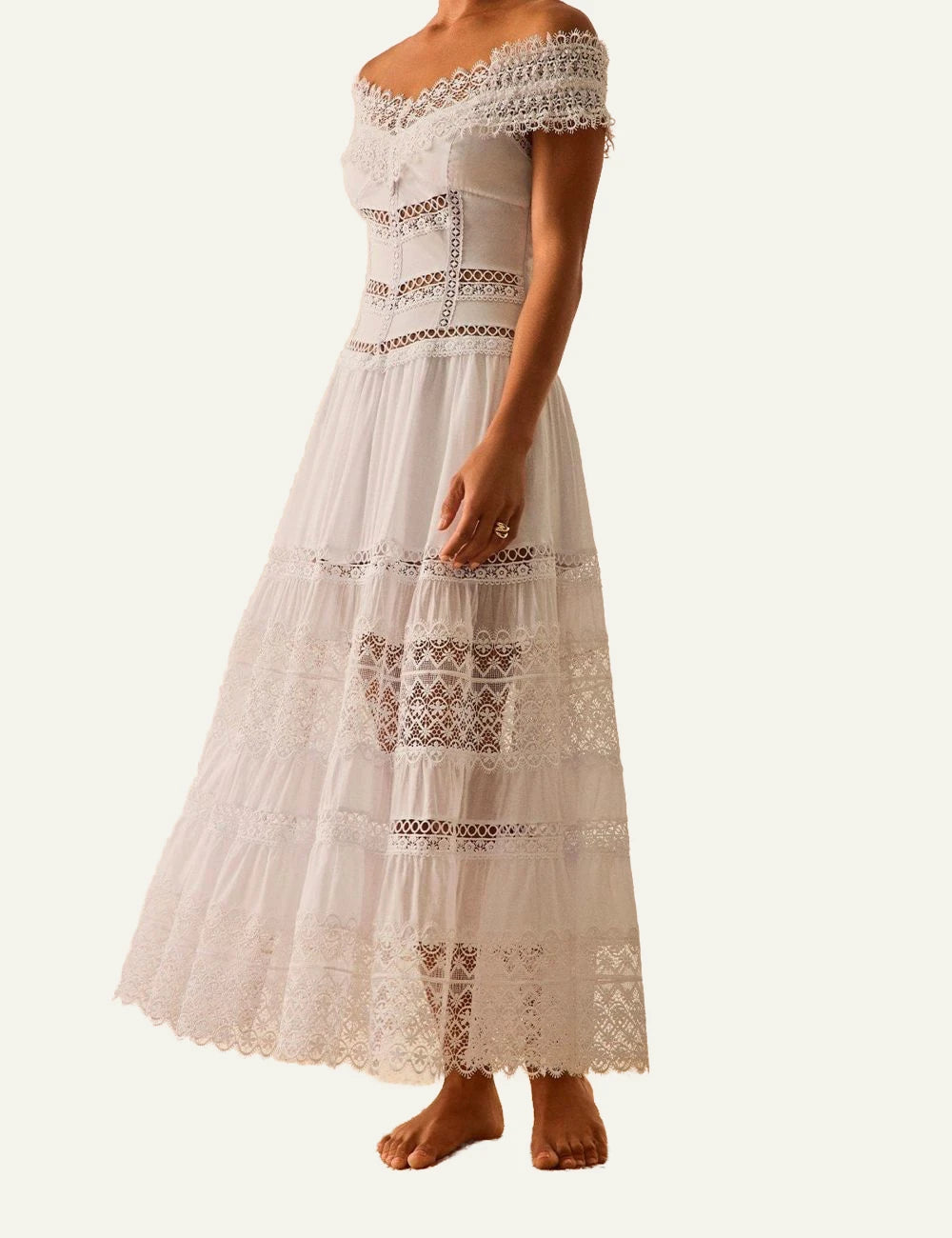 Charo Ruiz Amaira dress off shoulder lace white maxi boho front