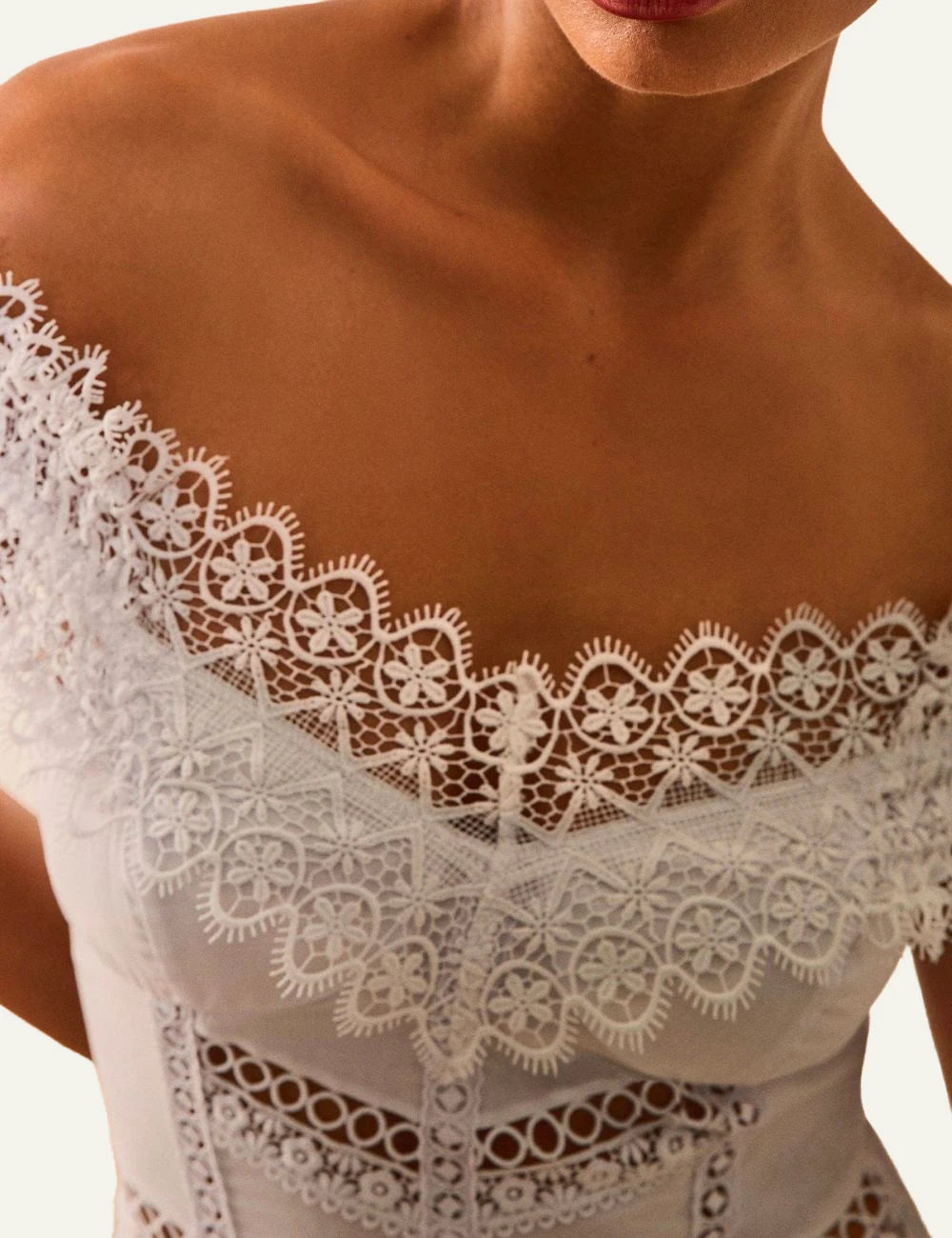 Charo Ruiz Amaira dress off shoulder lace white maxi boho front detail