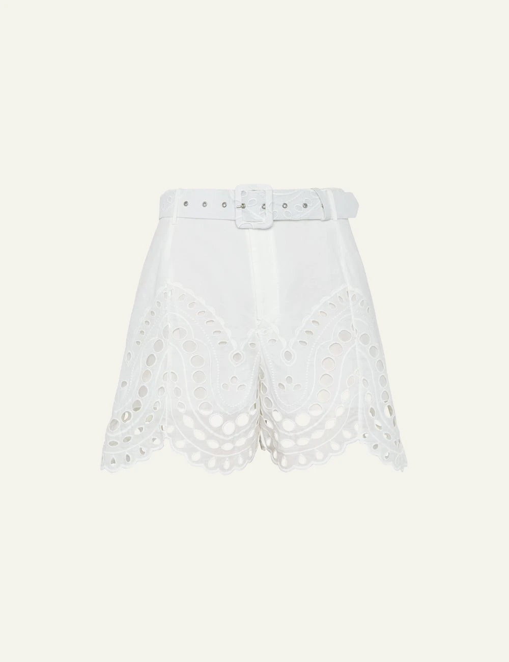 Charo Ruiz Dune white shorts embroidered cotton high waist scalloped hem front flat view