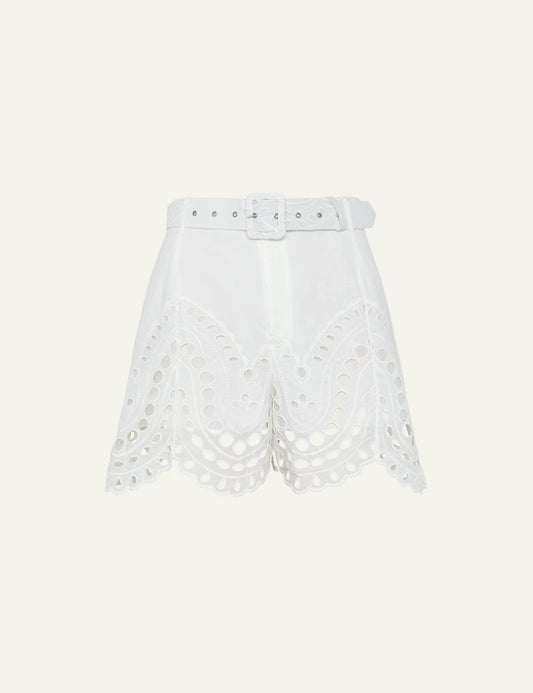Charo Ruiz Dune white shorts embroidered cotton high waist scalloped hem front flat view