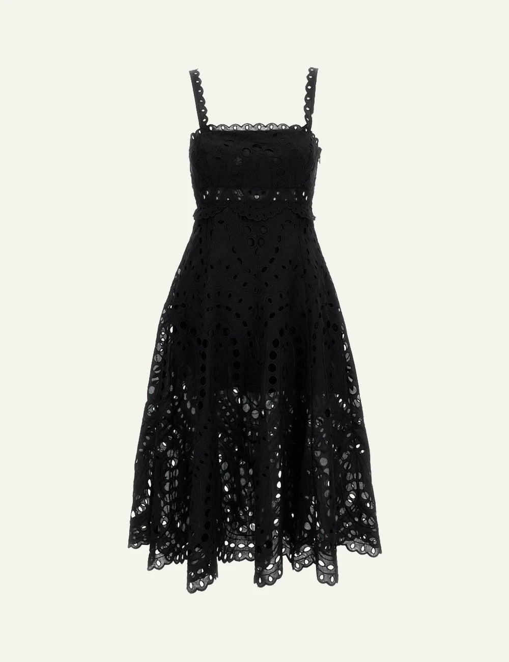 Charo Ruiz Glimmer dress straps lace black midi scalloped front