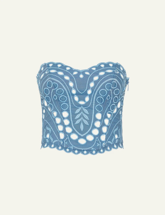 Charo Ruiz Kai bustier blue embroidered strapless top front flat view