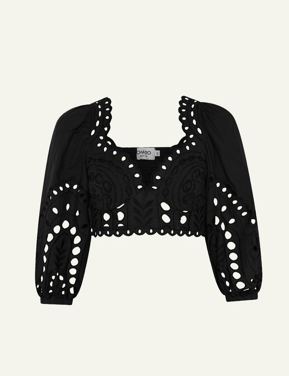 Charo Ruiz Luna top black cutwork embroidery cropped long sleeve front flat view