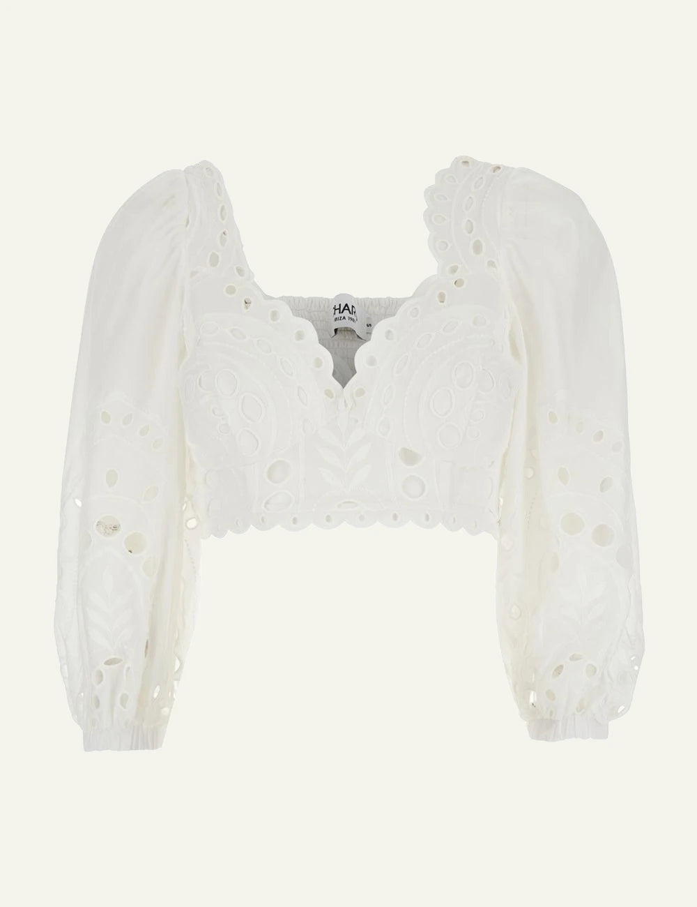 Charo Ruiz Luna top white broderie cropped long sleeve front flat view