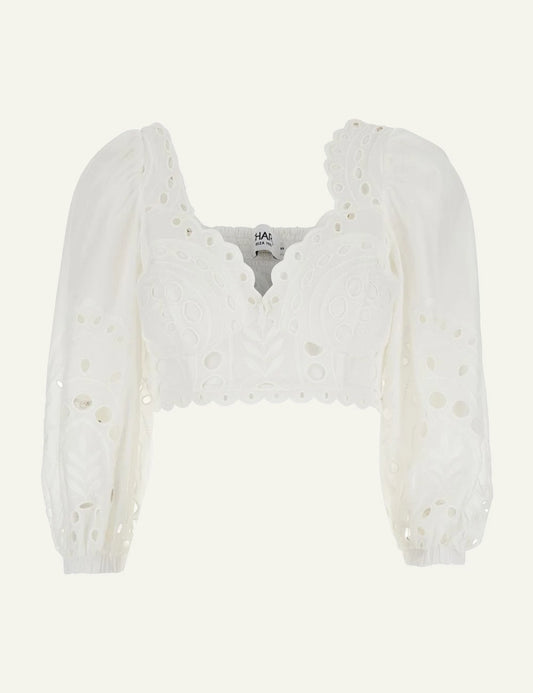 Charo Ruiz Luna top white broderie cropped long sleeve front flat view