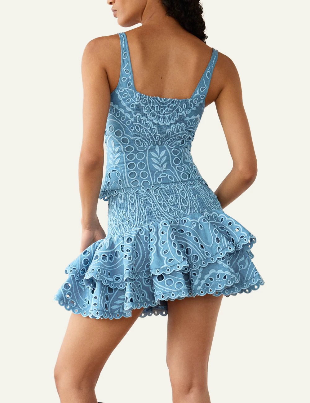 Charo Ruiz Nerissa blue skirt smocked waist ruffled lace mini back view