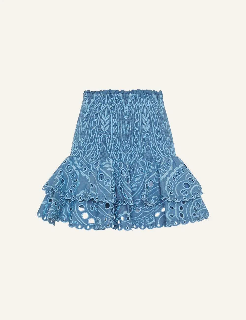 Charo Ruiz Nerissa blue skirt smocked waist ruffled lace mini front flat view