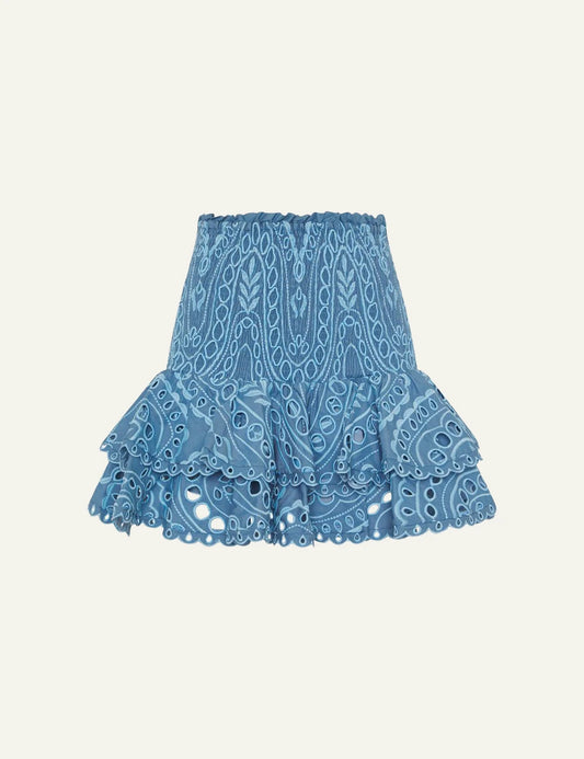 Charo Ruiz Nerissa blue skirt smocked waist ruffled lace mini front flat view