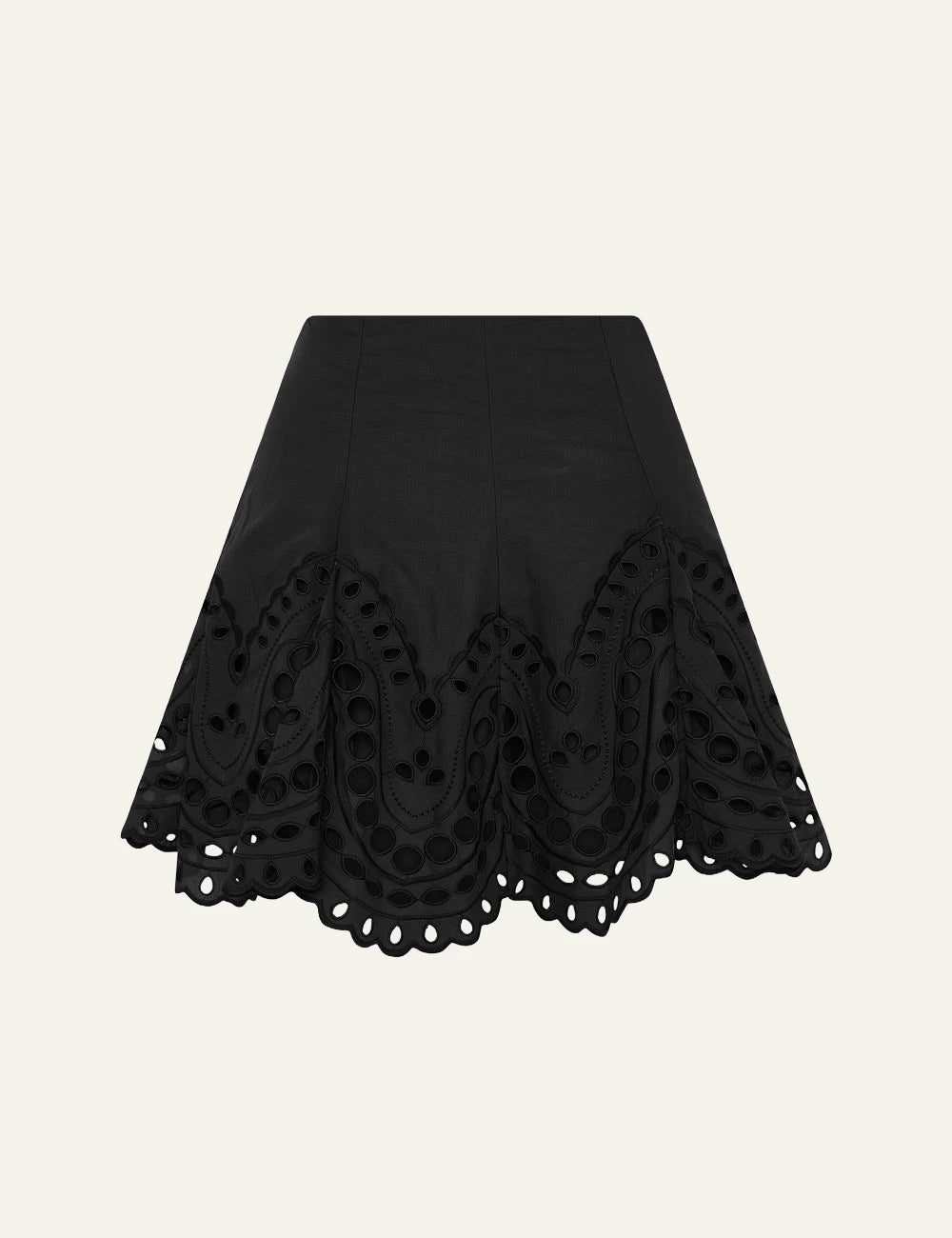 Charo Ruiz Sail black skirt A-line embroidered scalloped hem mini front flat view