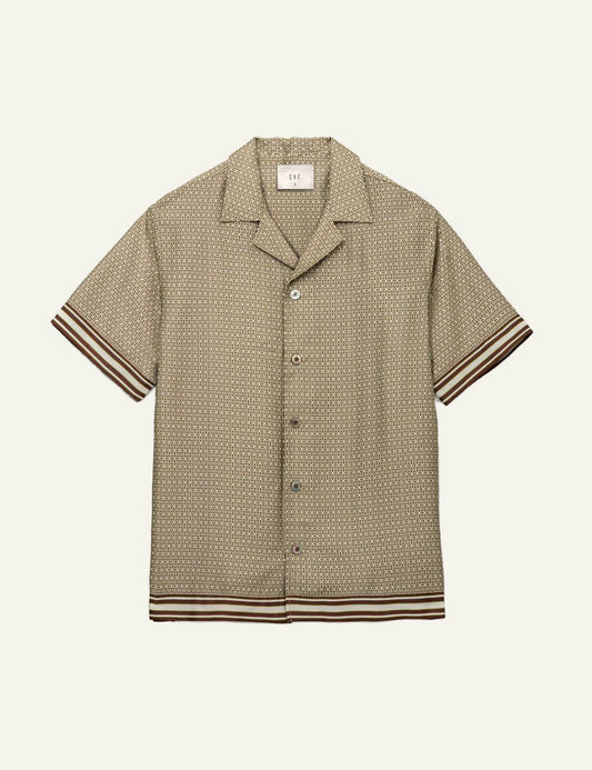 Che beige printed poukamiso camp collar striped sleeve hem detail front