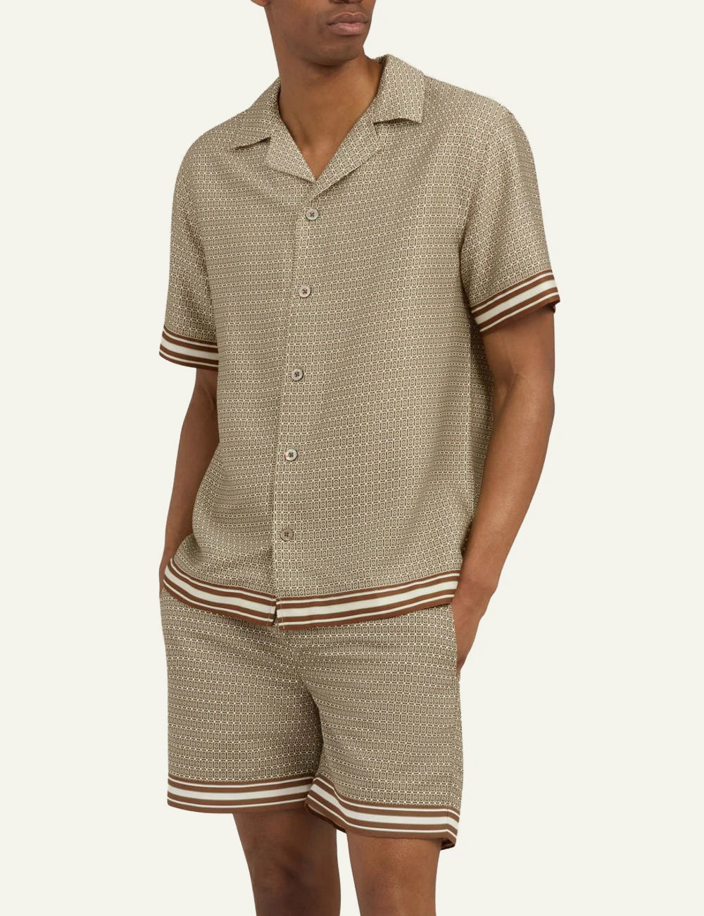 Che beige printed poukamiso camp collar striped sleeve hem detail side