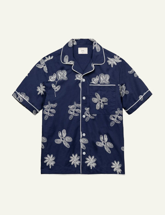 Che blue embroidered shirt floral pattern front