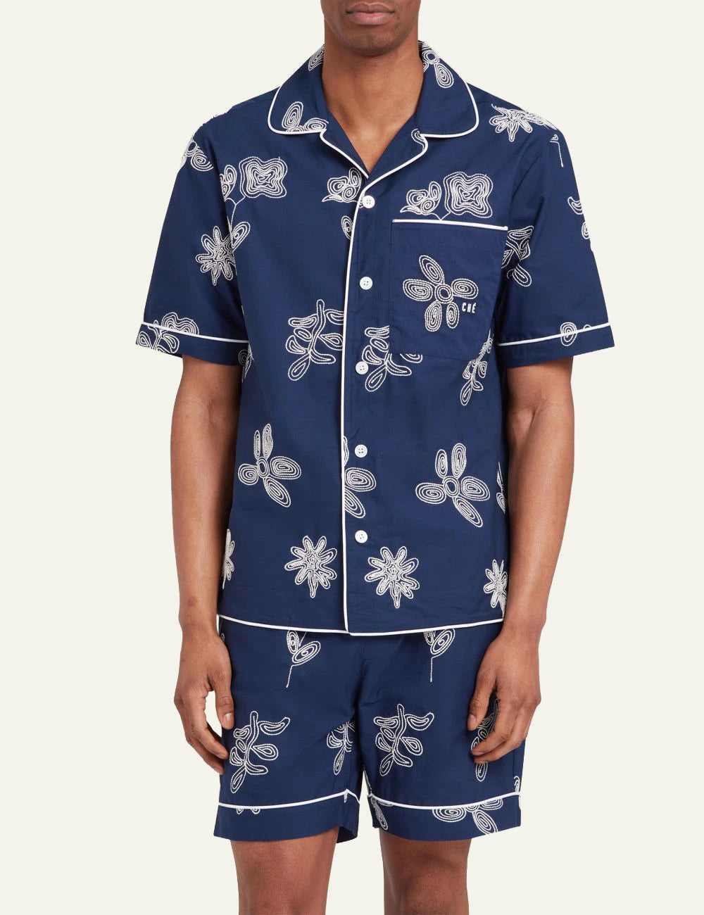 Che blue embroidered shirt floral pattern front model