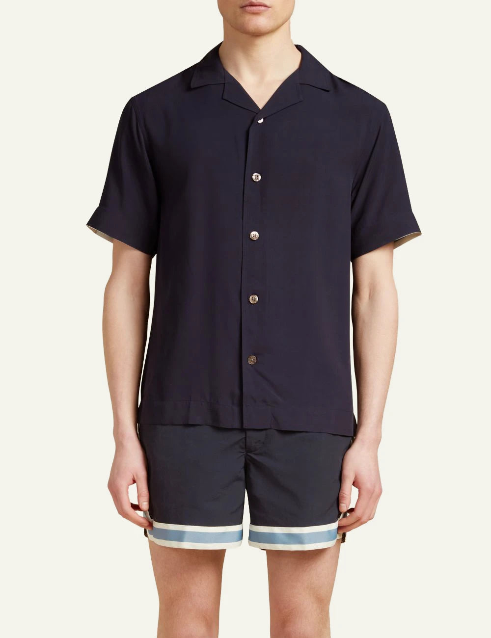 Che blue short sleeve shirt stripe sleeve detail front model