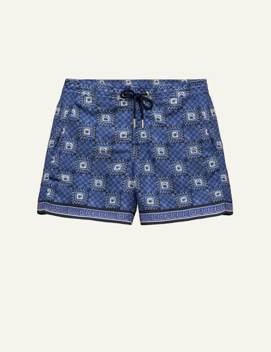 Che blue printed magio tile pattern swim shorts front