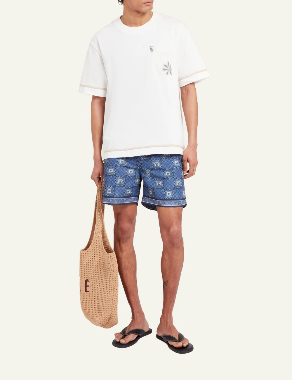 Che blue printed magio tile pattern swim shorts front full body