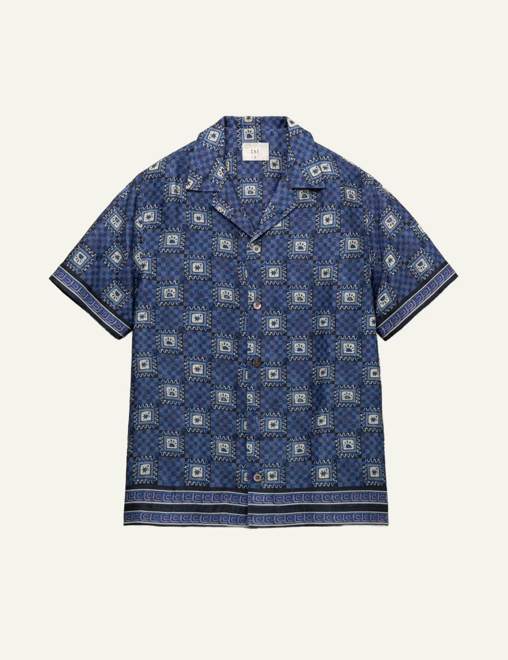 Che blue printed linen shirt tile pattern camp collar front