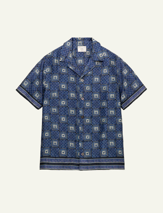 Che blue printed linen shirt tile pattern camp collar front