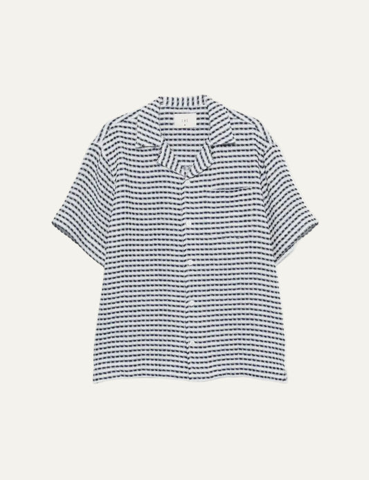 Che blue white striped linen shirt short sleeve textured front