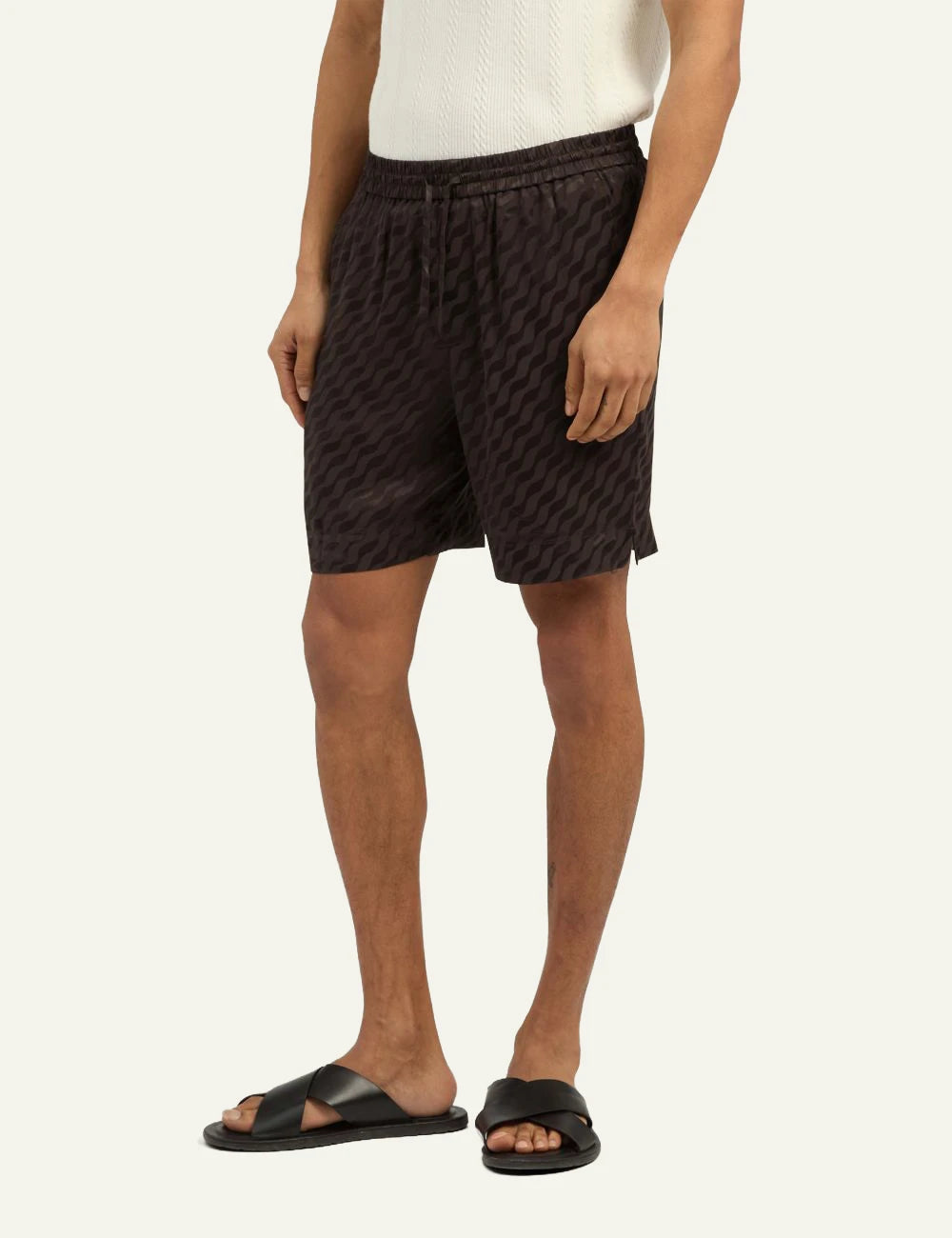 Che brown jacquard shorts tonal pattern elastic waist drawstring front detail